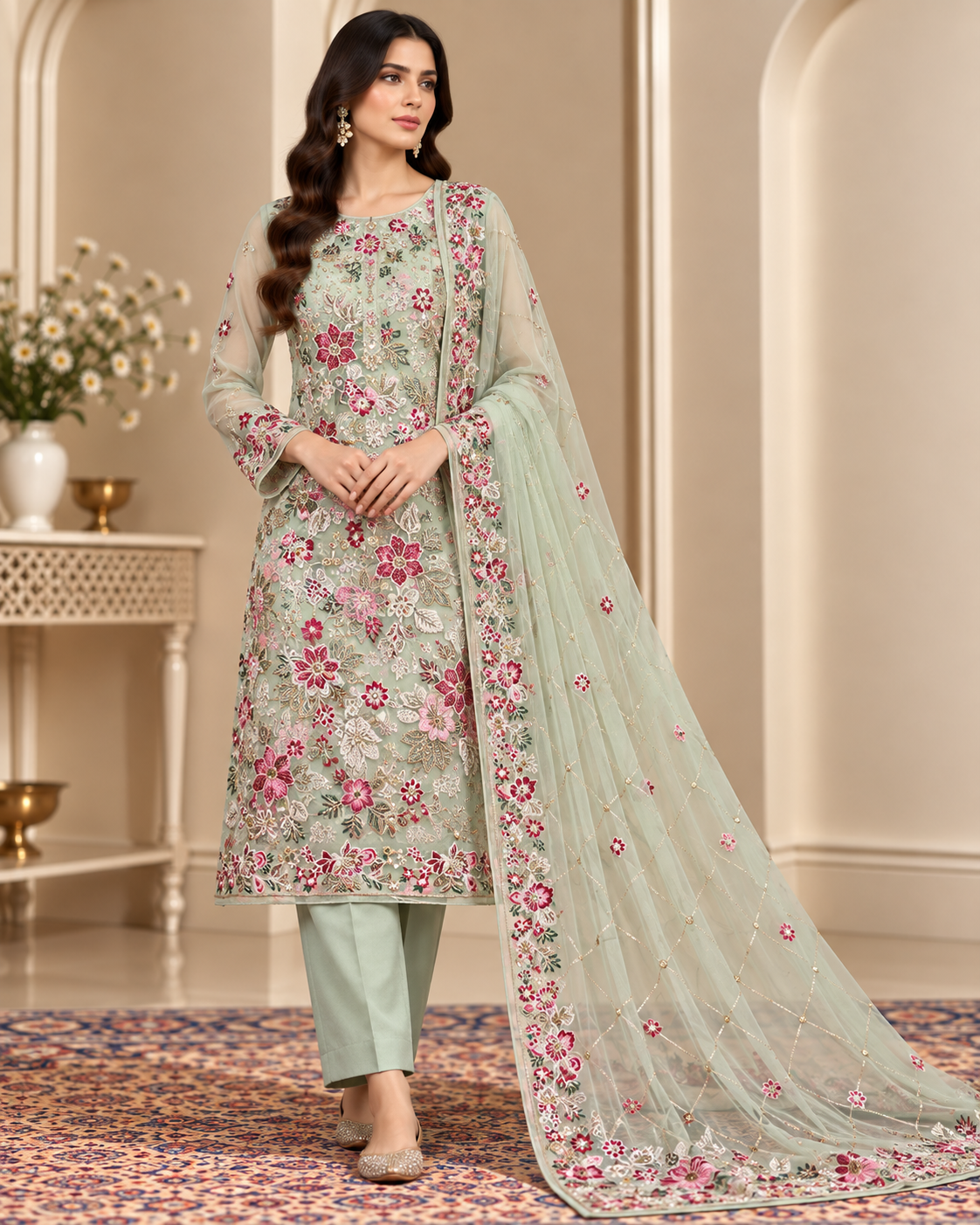 Sage Green Multicolor Floral Embroidered Chiffon 3 Piece Unstitched Suit