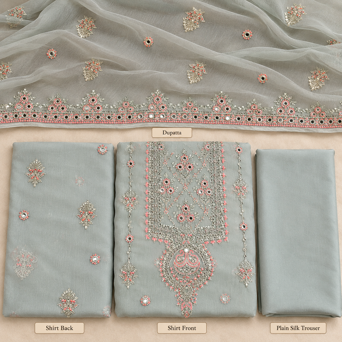 Dusty Sage Grey Silver Mirror Work Embroidered Chiffon 3 Piece Unstitched Suit