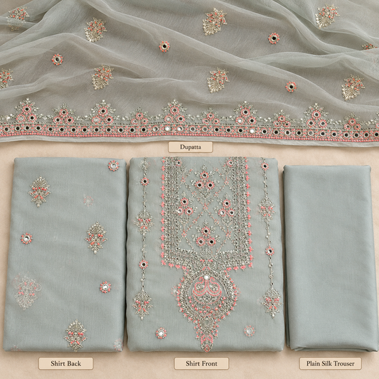 Dusty Sage Grey Silver Mirror Work Embroidered Chiffon 3 Piece Unstitched Suit