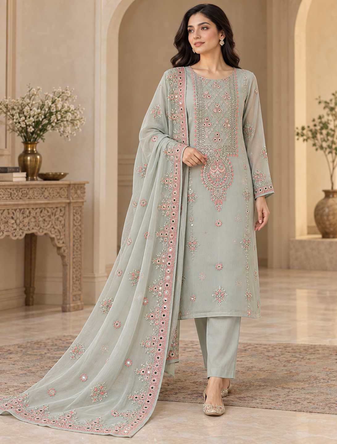 Dusty Sage Grey Silver Mirror Work Embroidered Chiffon 3 Piece Unstitched Suit