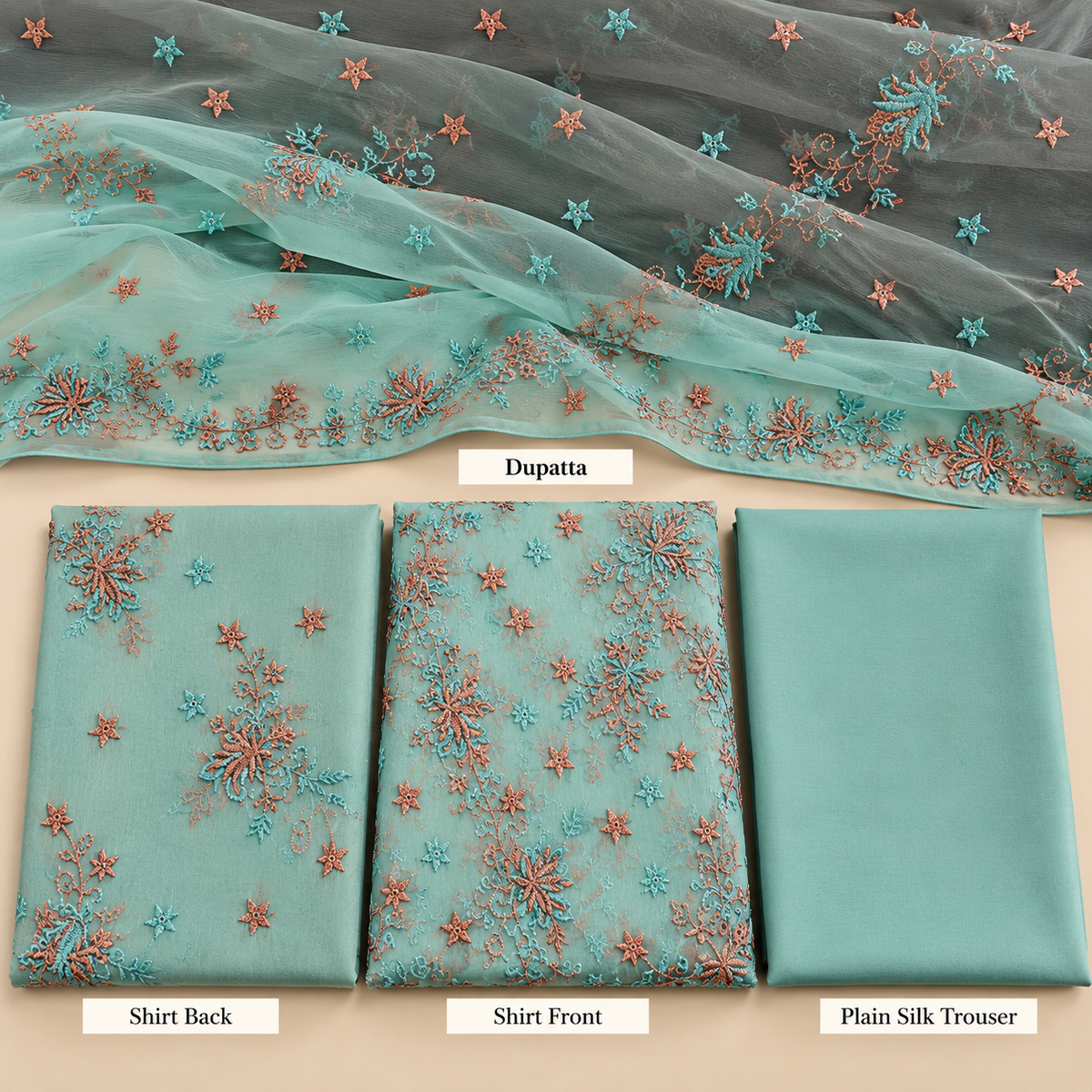 Mint Aqua Blue Coral Floral Embroidered Chiffon 3 Piece Unstitched Suit