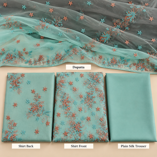 Mint Aqua Blue Coral Floral Embroidered Chiffon 3 Piece Unstitched Suit