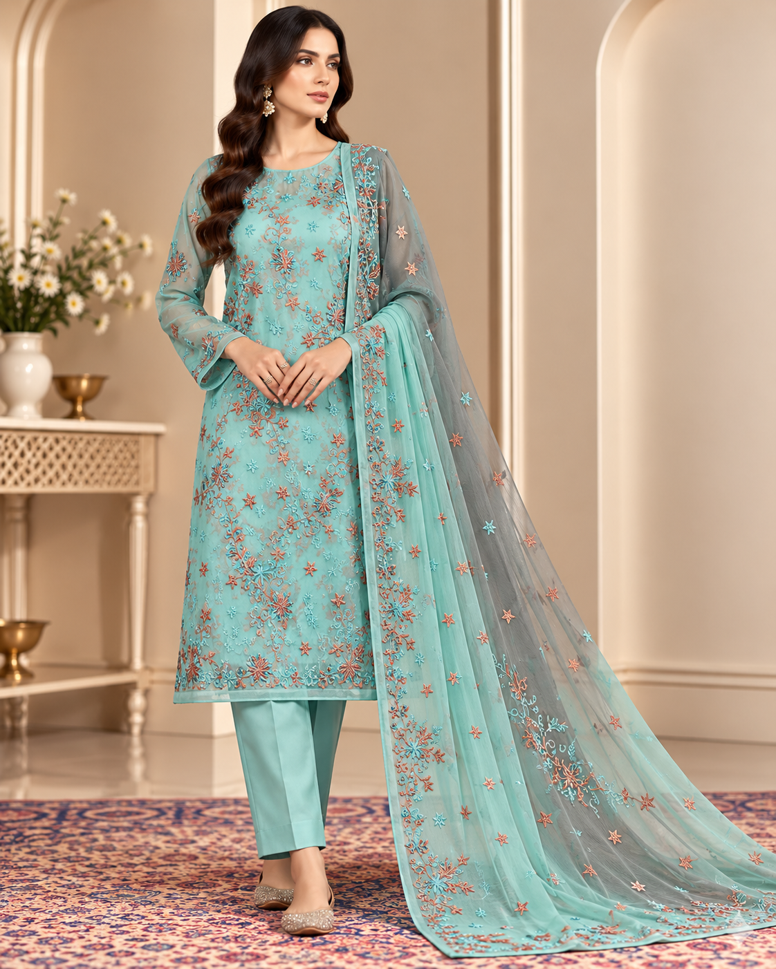 Mint Aqua Blue Coral Floral Embroidered Chiffon 3 Piece Unstitched Suit