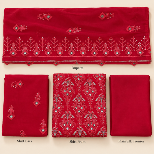 Deep Crimson Red Silver Mirror Work Embroidered Chiffon 3 Piece Unstitched Suit
