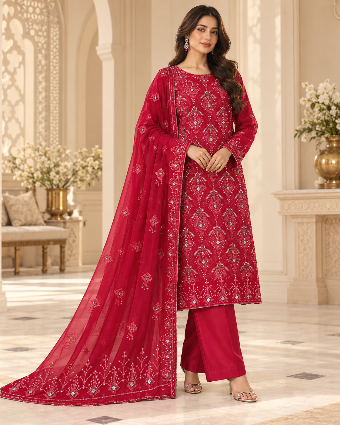 Deep Crimson Red Silver Mirror Work Embroidered Chiffon 3 Piece Unstitched Suit