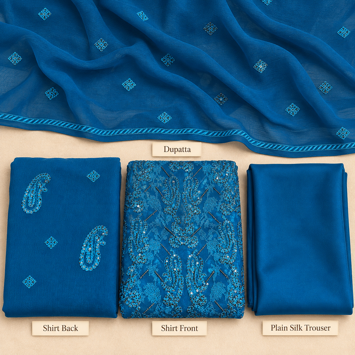 Royal Blue Turquoise Paisley Embroidered Chiffon 3 Piece Unstitched Suit