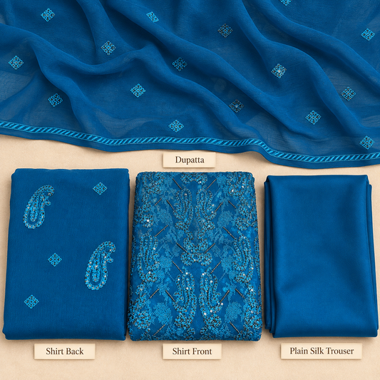 Royal Blue Turquoise Paisley Embroidered Chiffon 3 Piece Unstitched Suit