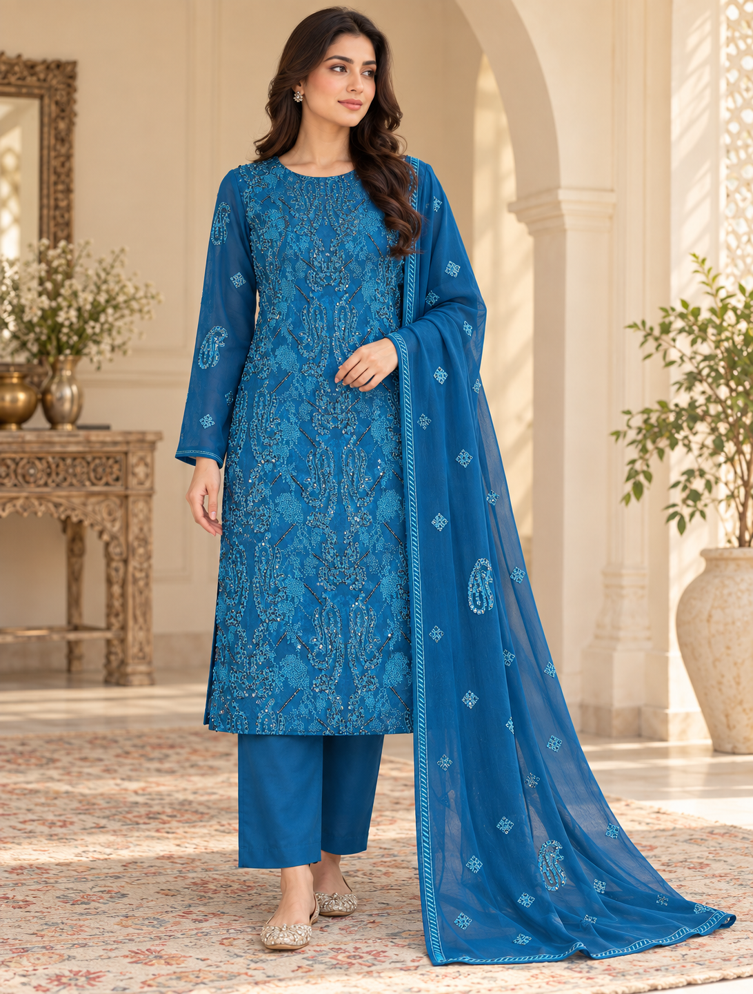 Royal Blue Turquoise Paisley Embroidered Chiffon 3 Piece Unstitched Suit