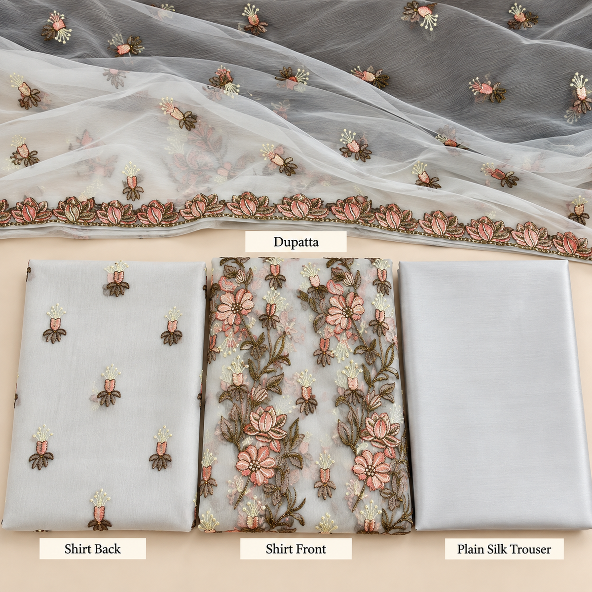 Ivory White Peach Pink Floral Embroidered Chiffon 3 Piece Unstitched Suit