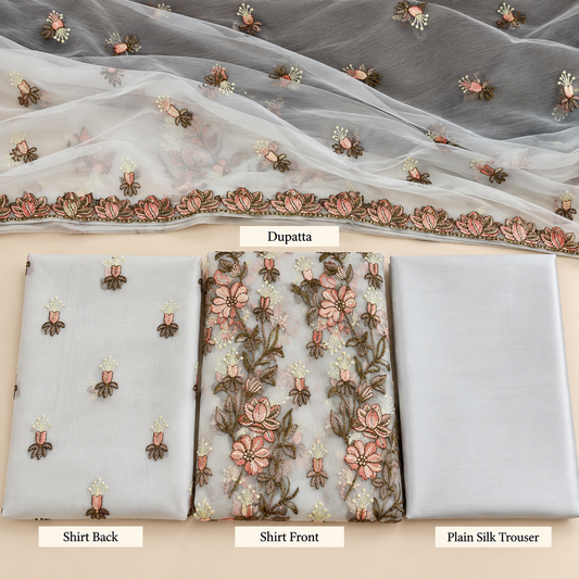 Ivory White Peach Pink Floral Embroidered Chiffon 3 Piece Unstitched Suit