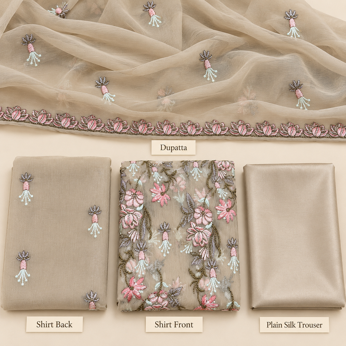 Champagne Beige Pink Lotus Floral Embroidered Chiffon 3 Piece Unstitched Suit