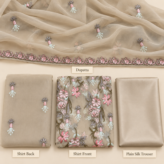 Champagne Beige Pink Lotus Floral Embroidered Chiffon 3 Piece Unstitched Suit