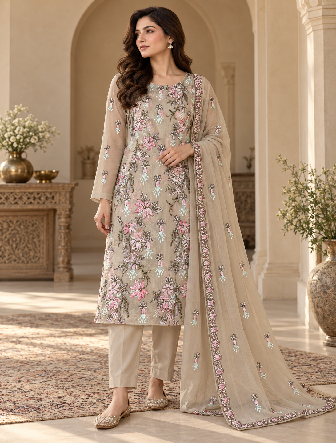 Champagne Beige Pink Lotus Floral Embroidered Chiffon 3 Piece Unstitched Suit