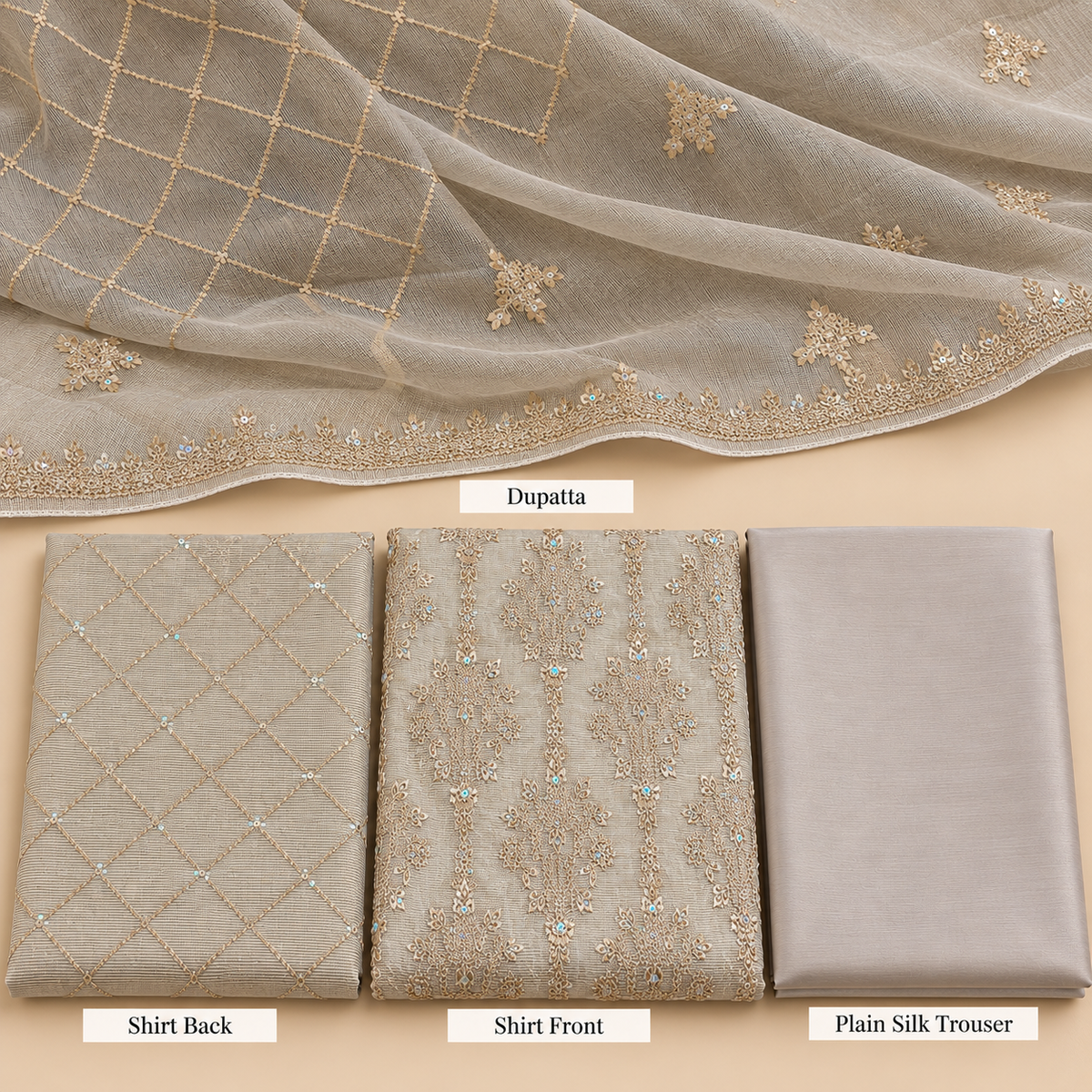 Champagne Grey Golden Embroidered Khadi Net Measuri 3 Piece Unstitched Suit