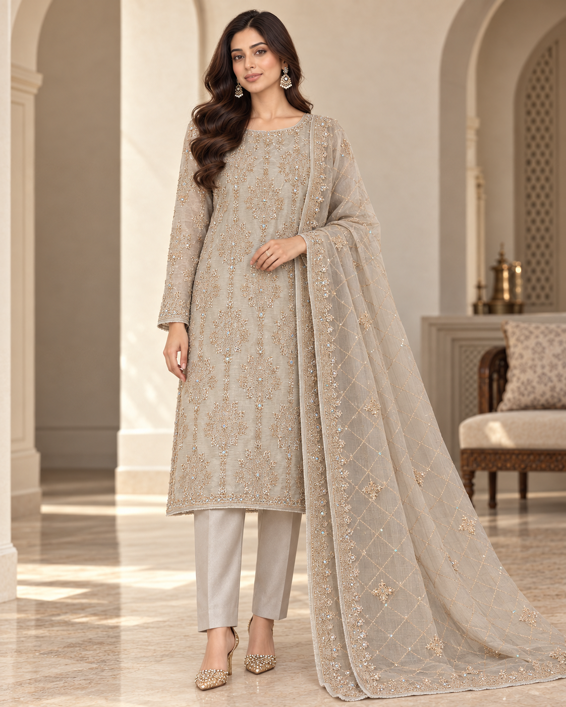 Champagne Grey Golden Embroidered Khadi Net Measuri 3 Piece Unstitched Suit