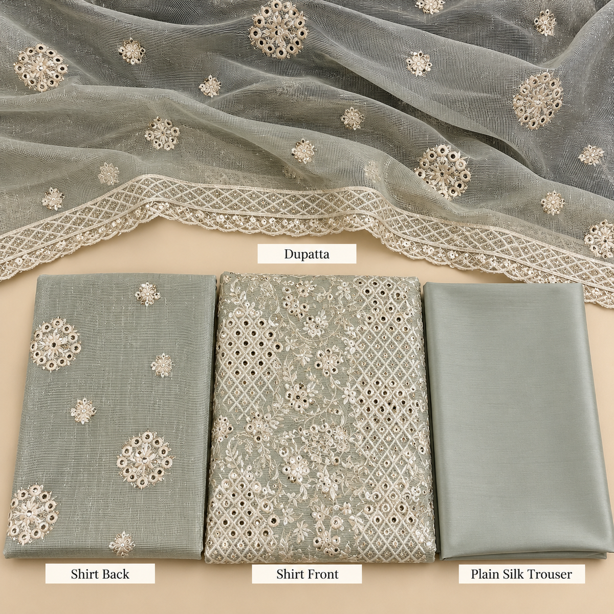 Sage Grey Ivory Mirror Work Embroidered Khadi Net Measuri 3 Piece Unstitched Suit