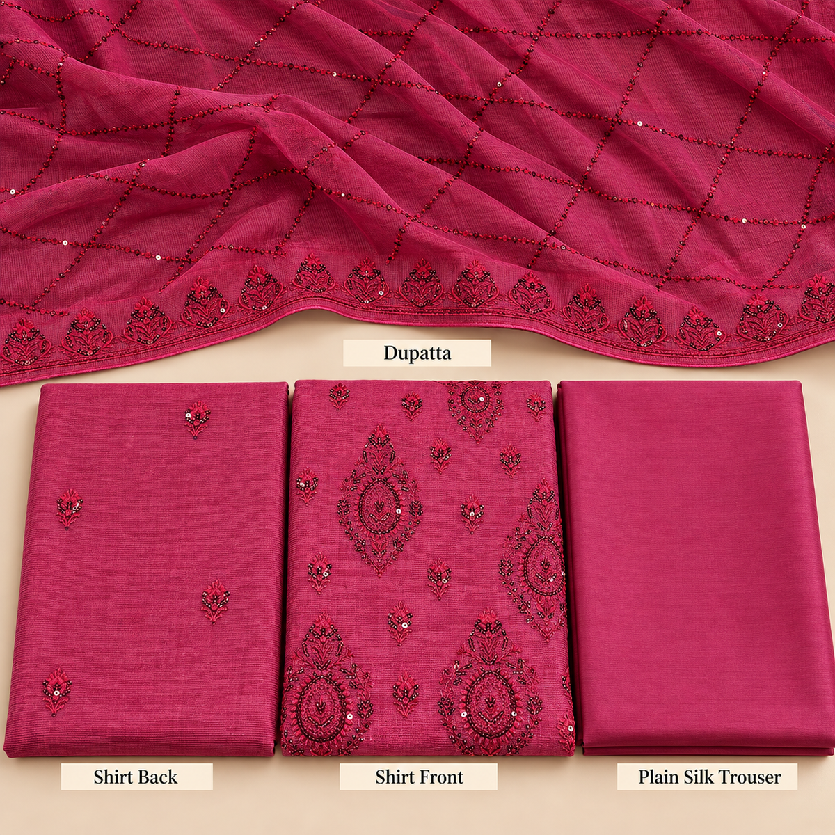 Deep Fuchsia Pink Black Embroidered Khadi Net Measuri 3 Piece Unstitched Suit