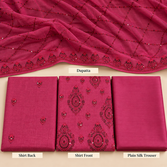 Deep Fuchsia Pink Black Embroidered Khadi Net Measuri 3 Piece Unstitched Suit
