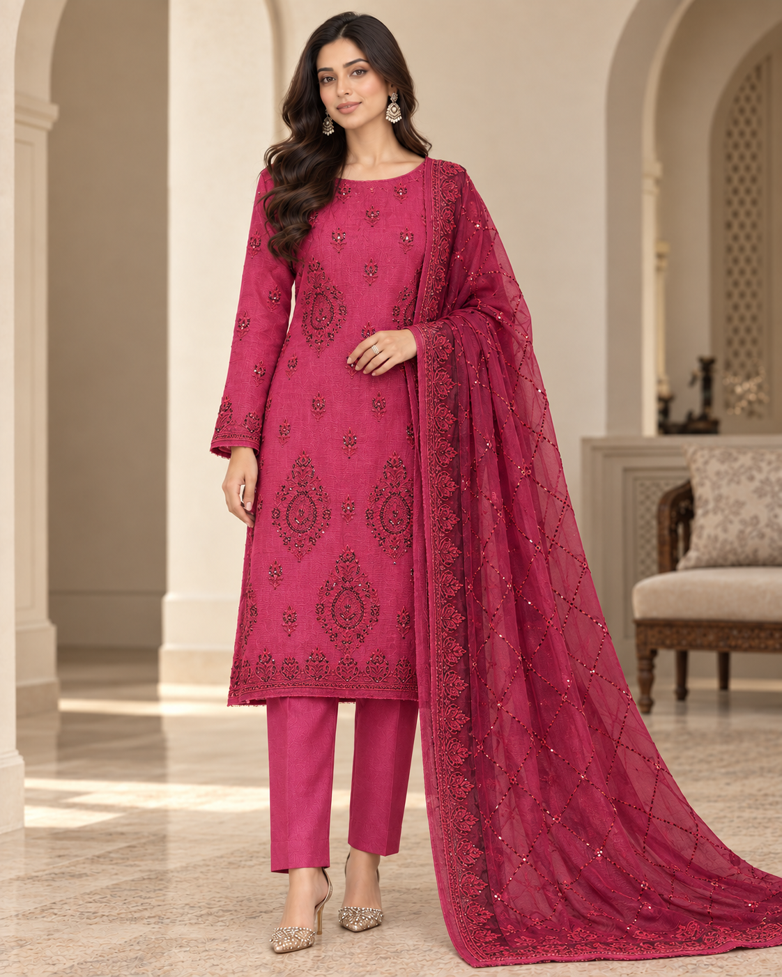 Deep Fuchsia Pink Black Embroidered Khadi Net Measuri 3 Piece Unstitched Suit