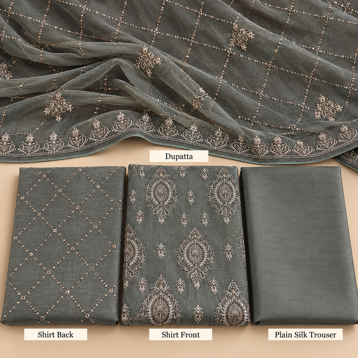 Charcoal Grey Champagne Gold Embroidered Khadi Net Measuri 3 Piece Unstitched Suit
