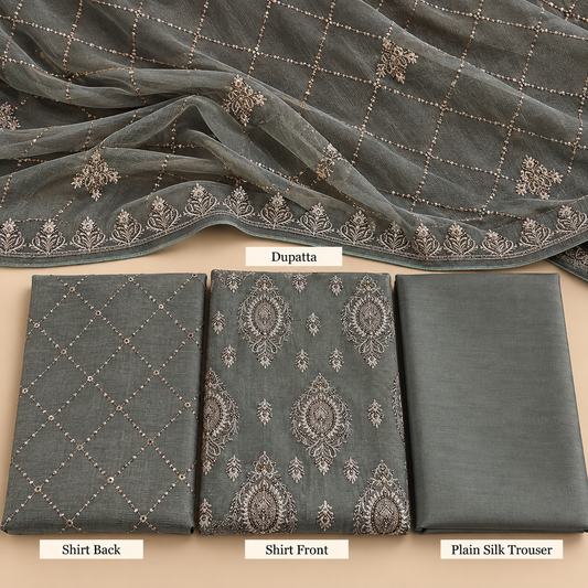 Charcoal Grey Champagne Gold Embroidered Khadi Net Measuri 3 Piece Unstitched Suit