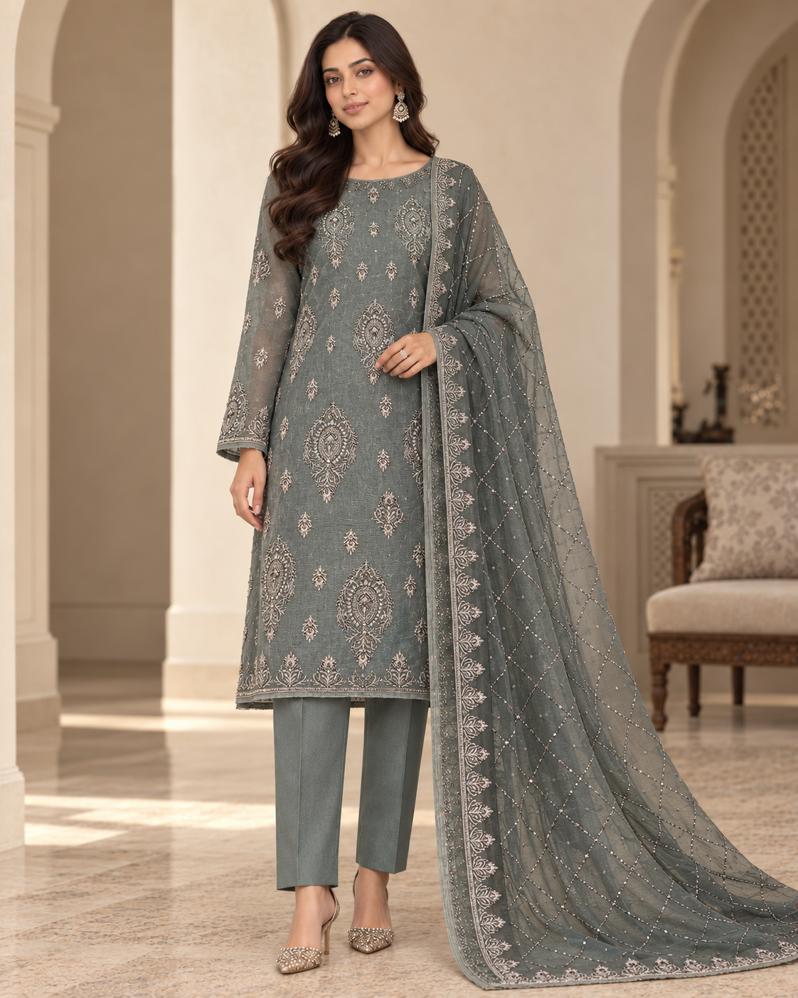 Charcoal Grey Champagne Gold Embroidered Khadi Net Measuri 3 Piece Unstitched Suit