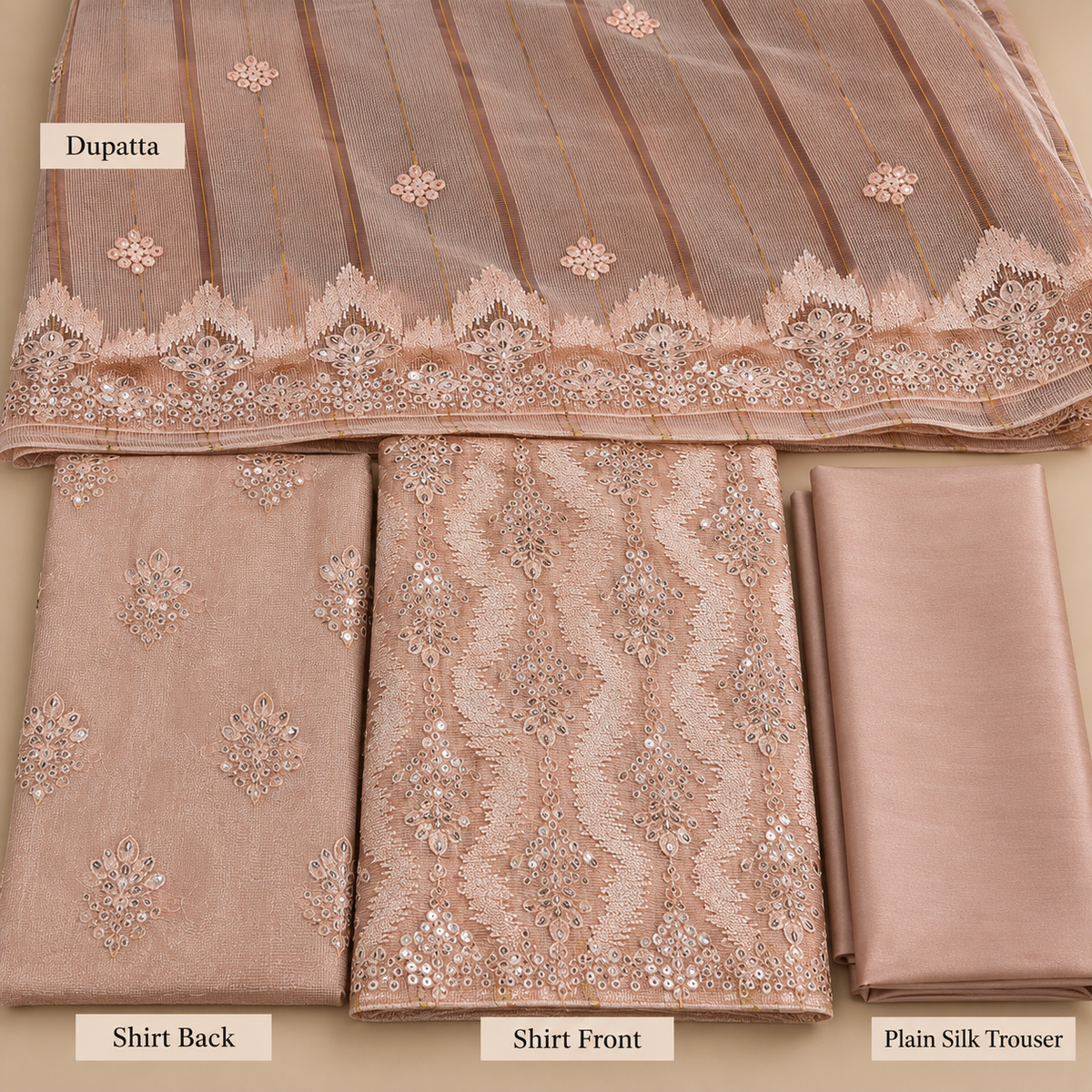 Blush Peach Mirror Work Embroidered Khadi Net Measuri 3 Piece Unstitched Suit