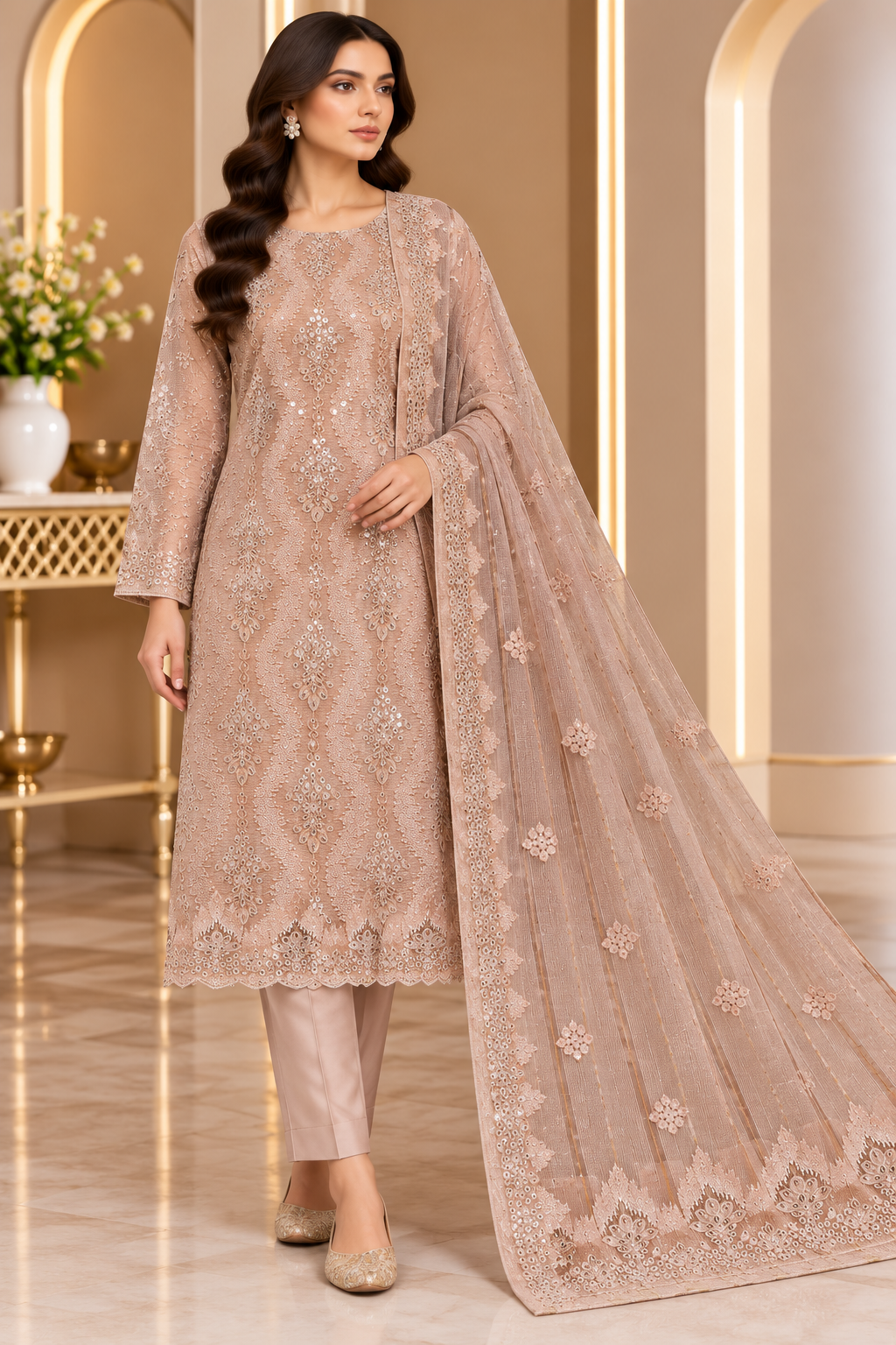 Blush Peach Mirror Work Embroidered Khadi Net Measuri 3 Piece Unstitched Suit
