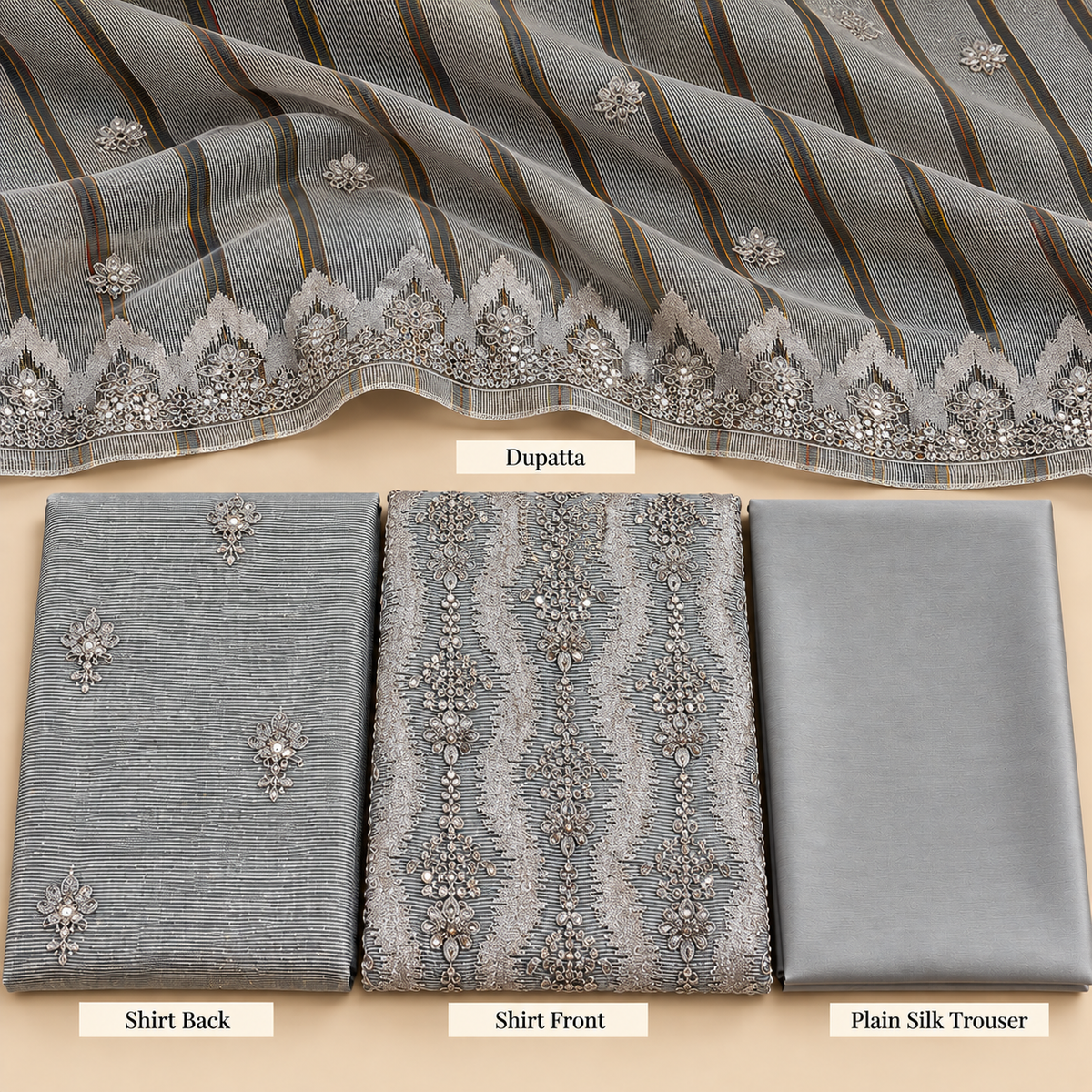 Steel Grey Silver Embroidered Khadi Net Measuri 3 Piece Unstitched Suit