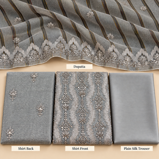 Steel Grey Silver Embroidered Khadi Net Measuri 3 Piece Unstitched Suit