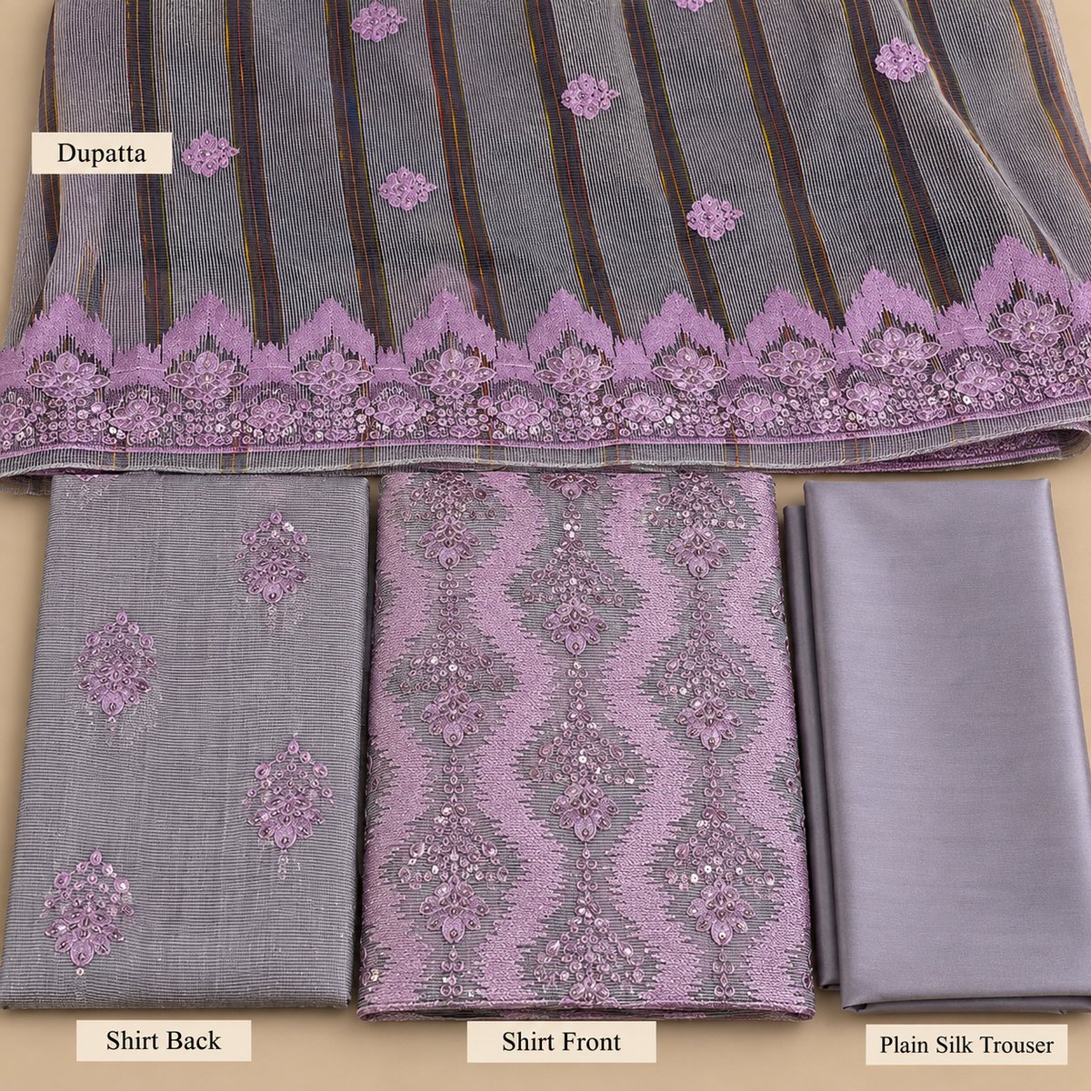 Steel Grey Lilac Embroidered Khadi Net Measuri 3 Piece Unstitched Suit