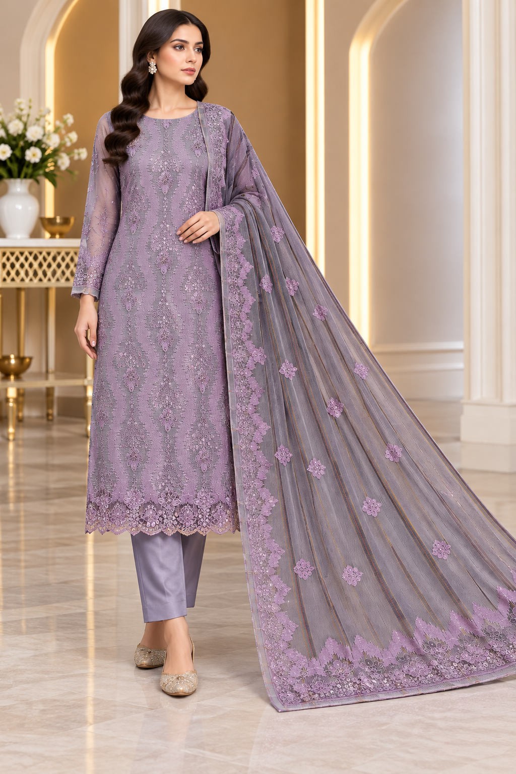 Steel Grey Lilac Embroidered Khadi Net Measuri 3 Piece Unstitched Suit
