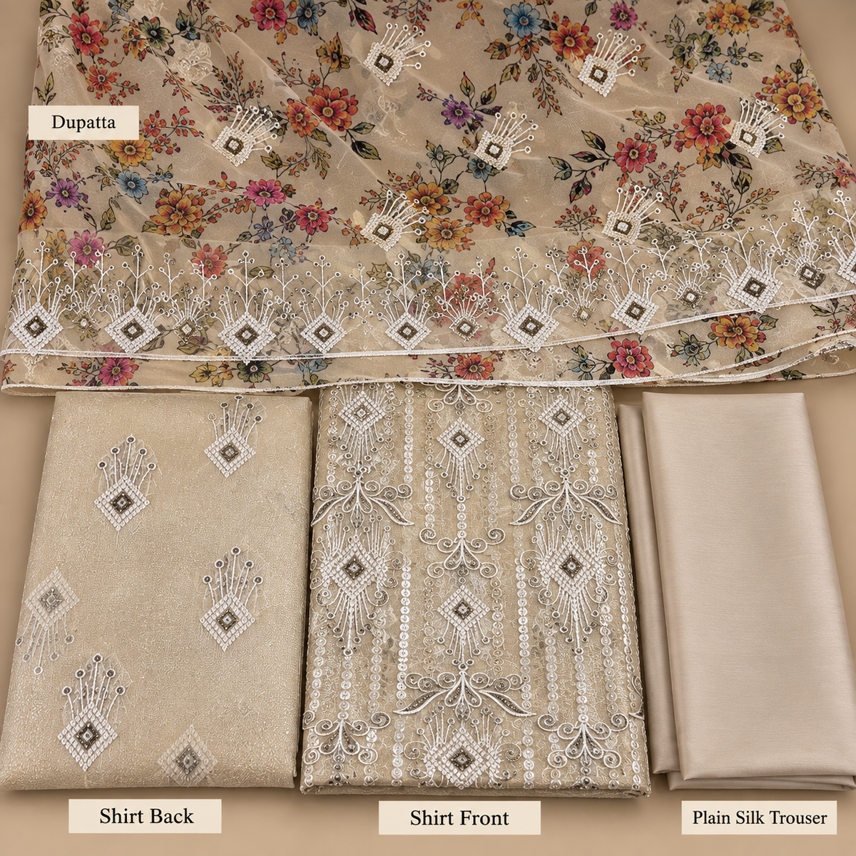 Champagne Beige Multicolor Floral Embroidered Khadi Net Measuri 3 Piece Unstitched Suit