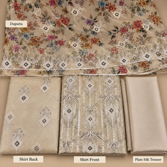 Champagne Beige Multicolor Floral Embroidered Khadi Net Measuri 3 Piece Unstitched Suit