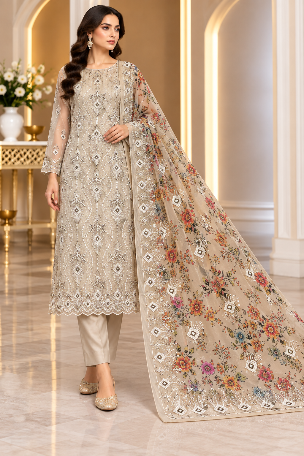 Champagne Beige Multicolor Floral Embroidered Khadi Net Measuri 3 Piece Unstitched Suit