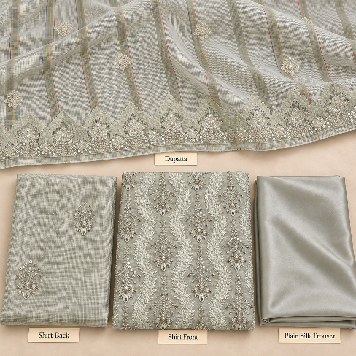 Sage Silver Ivory Embroidered Khadi Net Measuri 3 Piece Unstitched Suit