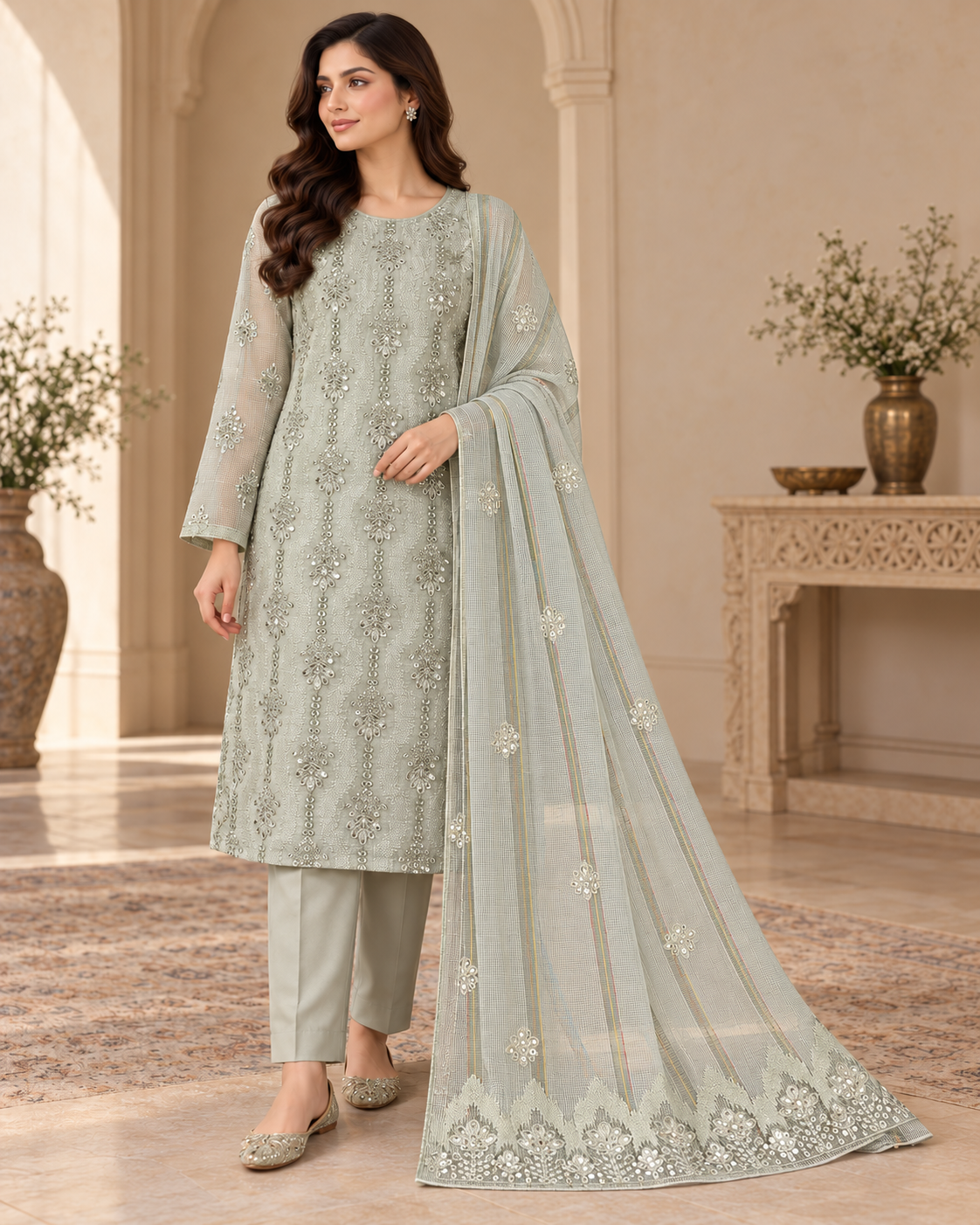 Sage Silver Ivory Embroidered Khadi Net Measuri 3 Piece Unstitched Suit