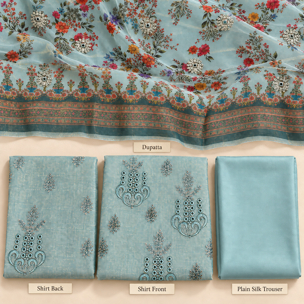 Aqua Blue Multicolor Floral Embroidered Khadi Net Measuri 3 Piece Unstitched Suit