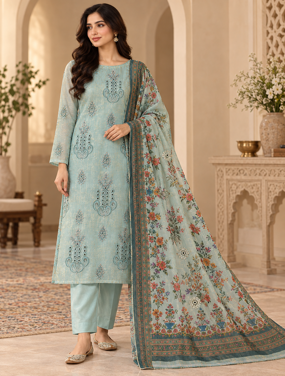 Aqua Blue Multicolor Floral Embroidered Khadi Net Measuri 3 Piece Unstitched Suit