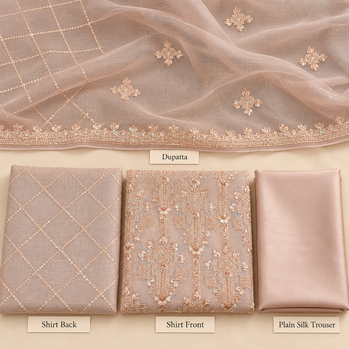 Blush Nude Rose Gold Embroidered Khadi Net Measuri 3 Piece Unstitched Suit