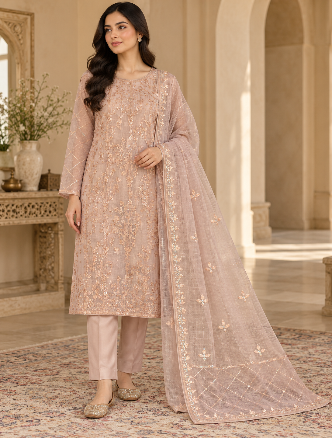 Blush Nude Rose Gold Embroidered Khadi Net Measuri 3 Piece Unstitched Suit
