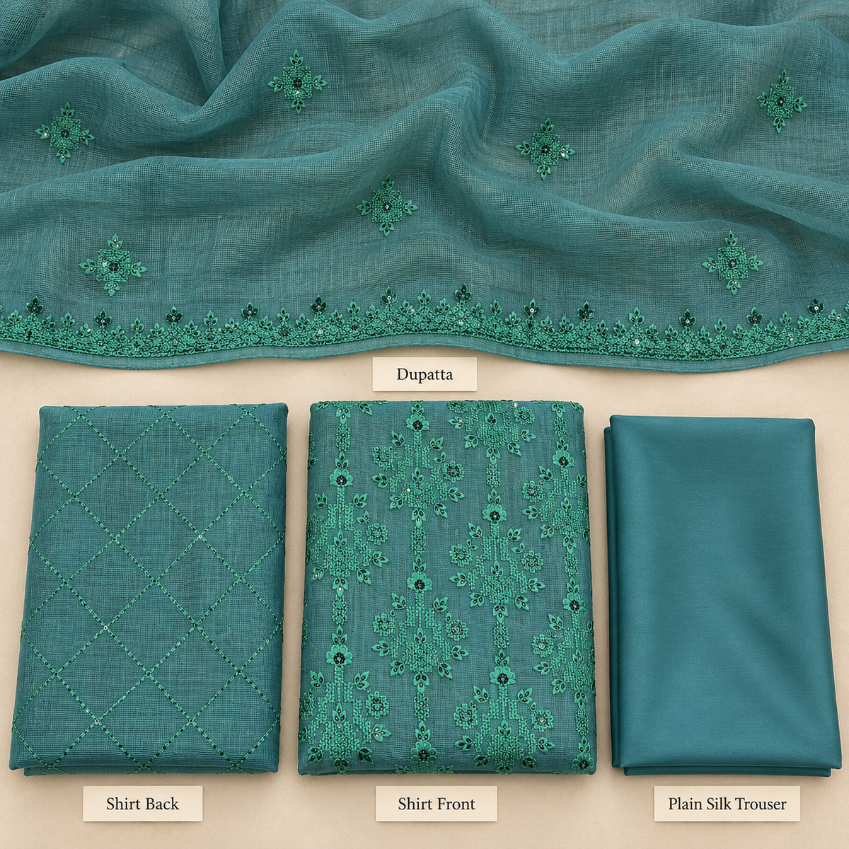 Deep Teal Emerald Embroidered Khadi Net Measuri 3 Piece Unstitched Suit