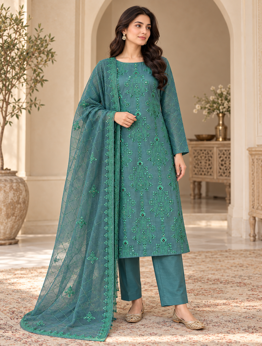 Deep Teal Emerald Embroidered Khadi Net Measuri 3 Piece Unstitched Suit