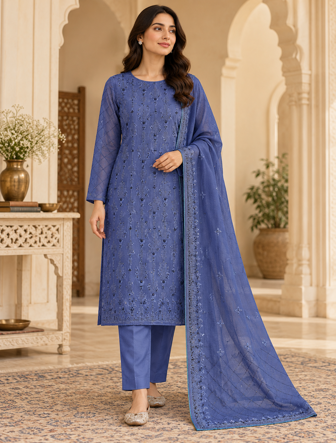 Periwinkle Blue Embroidered Khadi Net Measuri 3 Piece Unstitched Suit