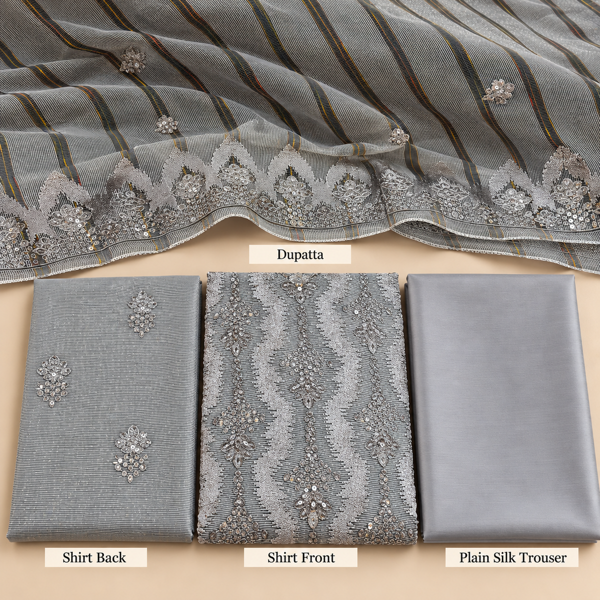 Steel Grey Silver Embroidered Khadi Net Measuri 3 Piece Unstitched Suit