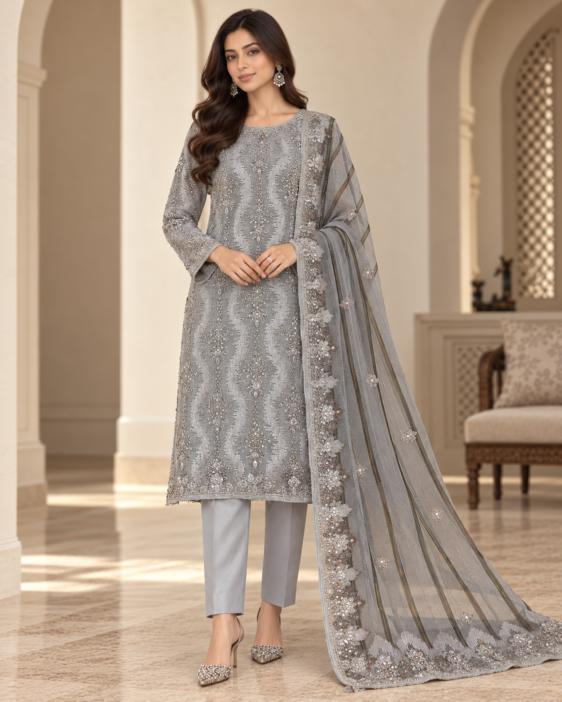 Steel Grey Silver Embroidered Khadi Net Measuri 3 Piece Unstitched Suit