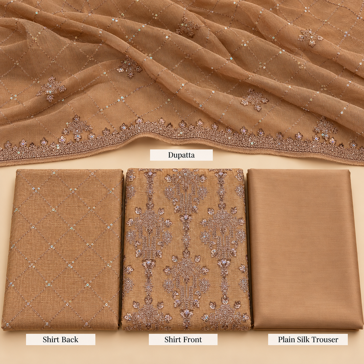Caramel Brown Rose Gold Embroidered Khadi Net Measuri 3 Piece Unstitched Suit
