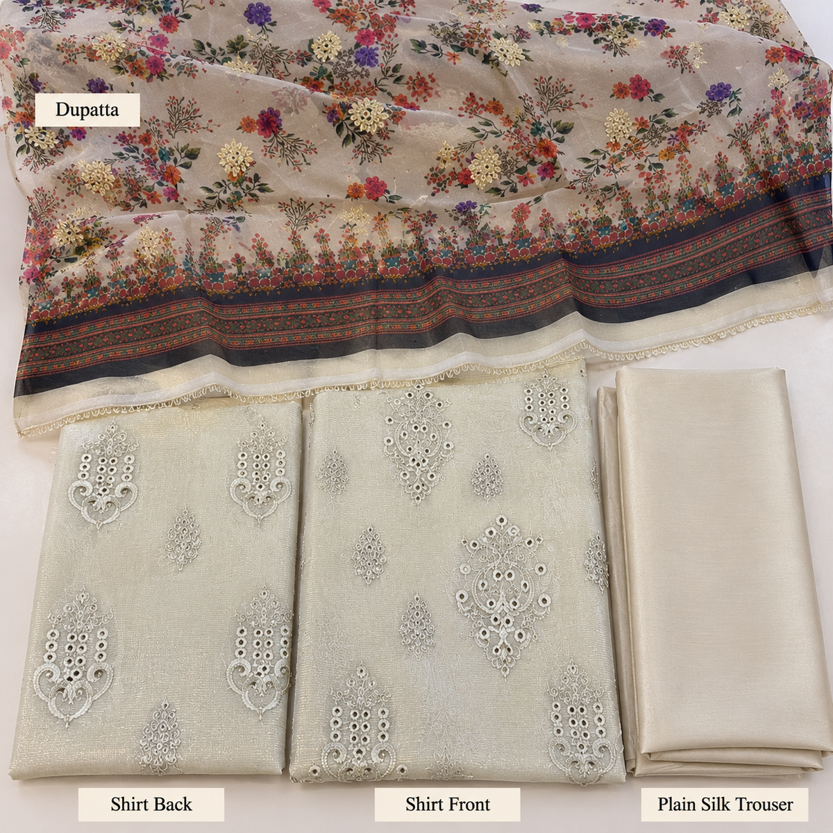 Ivory Cream Multicolor Floral Embroidered Khadi Net Measuri 3 Piece Unstitched Suit