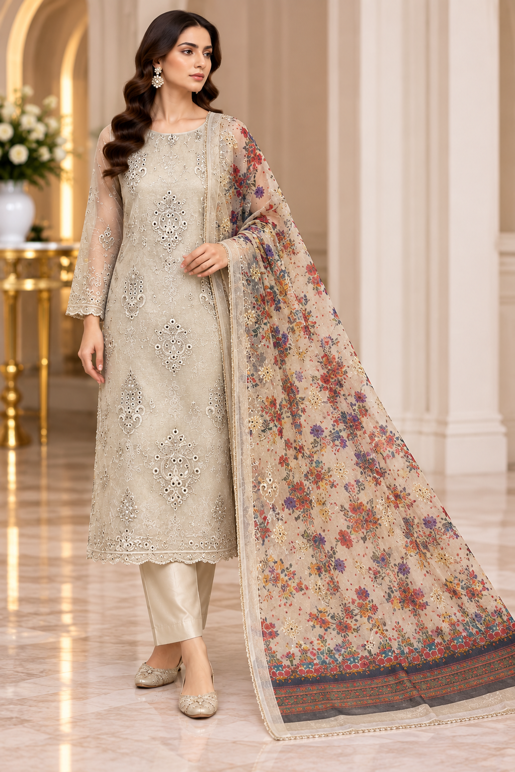 Ivory Cream Multicolor Floral Embroidered Khadi Net Measuri 3 Piece Unstitched Suit