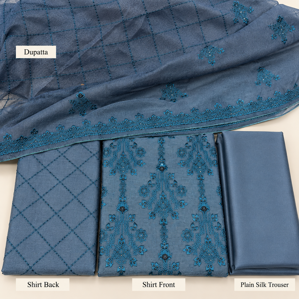 Slate Blue Teal Embroidered Khadi Net Measuri 3 Piece Unstitched Suit